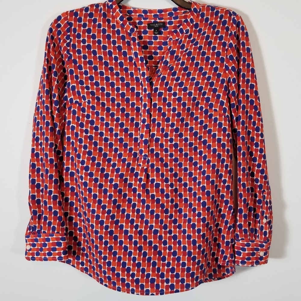 Talbots Red White & Blue Dotted Popover Blouse Size P
